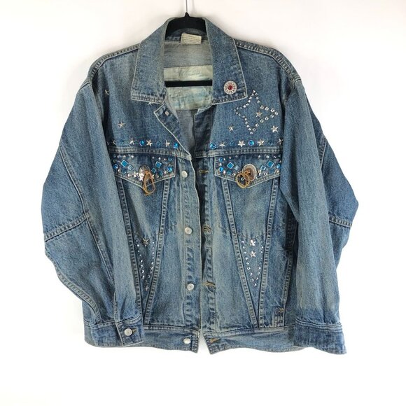 Freego Mens Denim Jacket Western Rhinestones Embellished Vintage Retro Trucker M - Picture 1 of 8